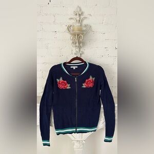 American Eagle Outfitters Navy Cardigan with Red Rose Embroidery